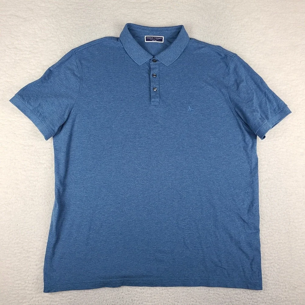 Charles Tyrwhitt Polo Shirt Mens XL Blue Solid Cotton Blend Short Sleeve